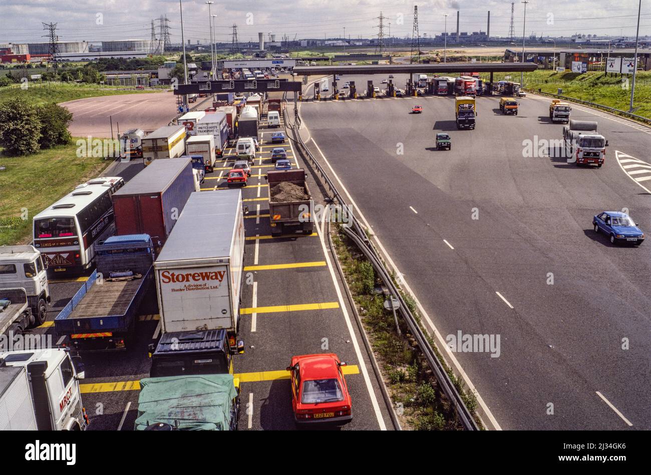 Traffic on the approach road to the Dartford tunnel in 1988. Before the