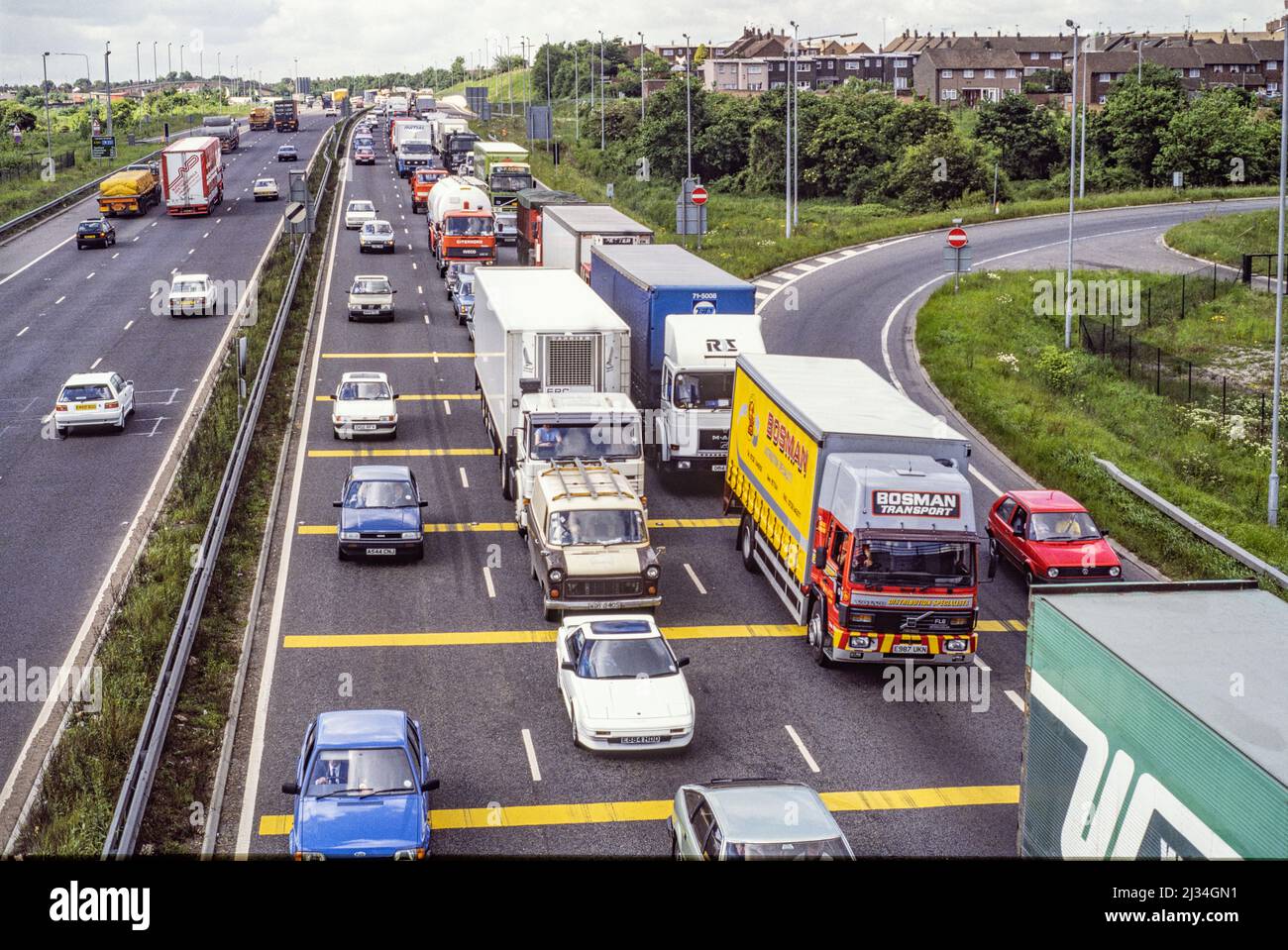 Traffic on the approach road to the Dartford tunnel in 1988. Before the