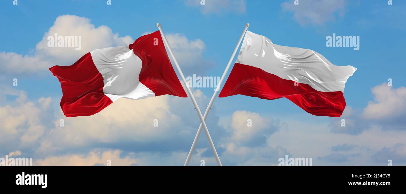 two crossed flags Peru and Poland waving in wind at cloudy sky. Concept ...