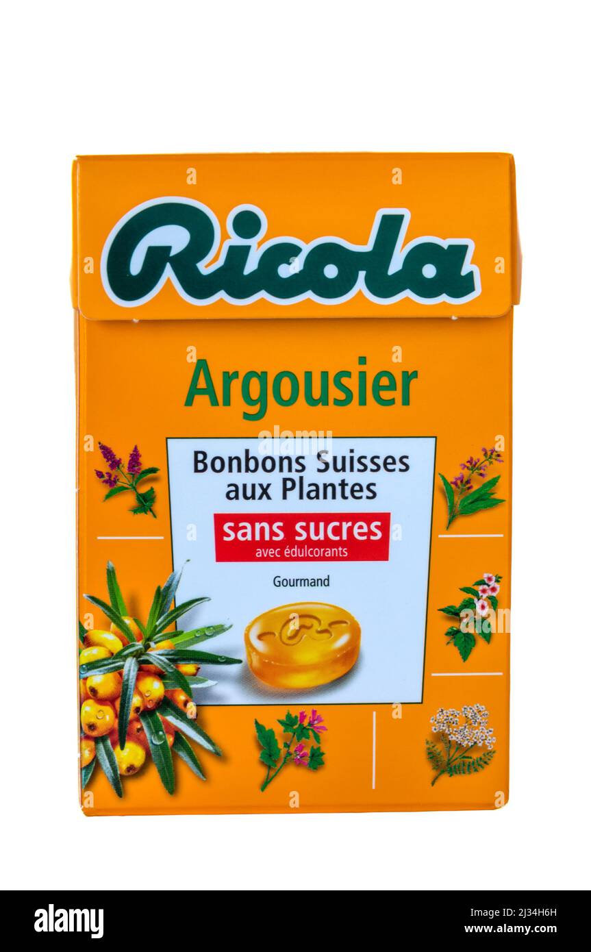A French packet of Ricola Argousier sugar-free herbal sweets, containing sea buckthorn. Stock Photo