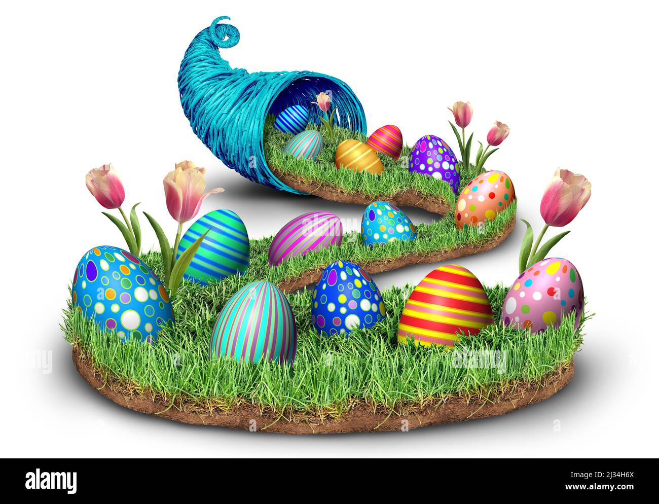 Spring Easter Cornucopia horn object full of decorated eggs on green grass on a white background. Stock Photo