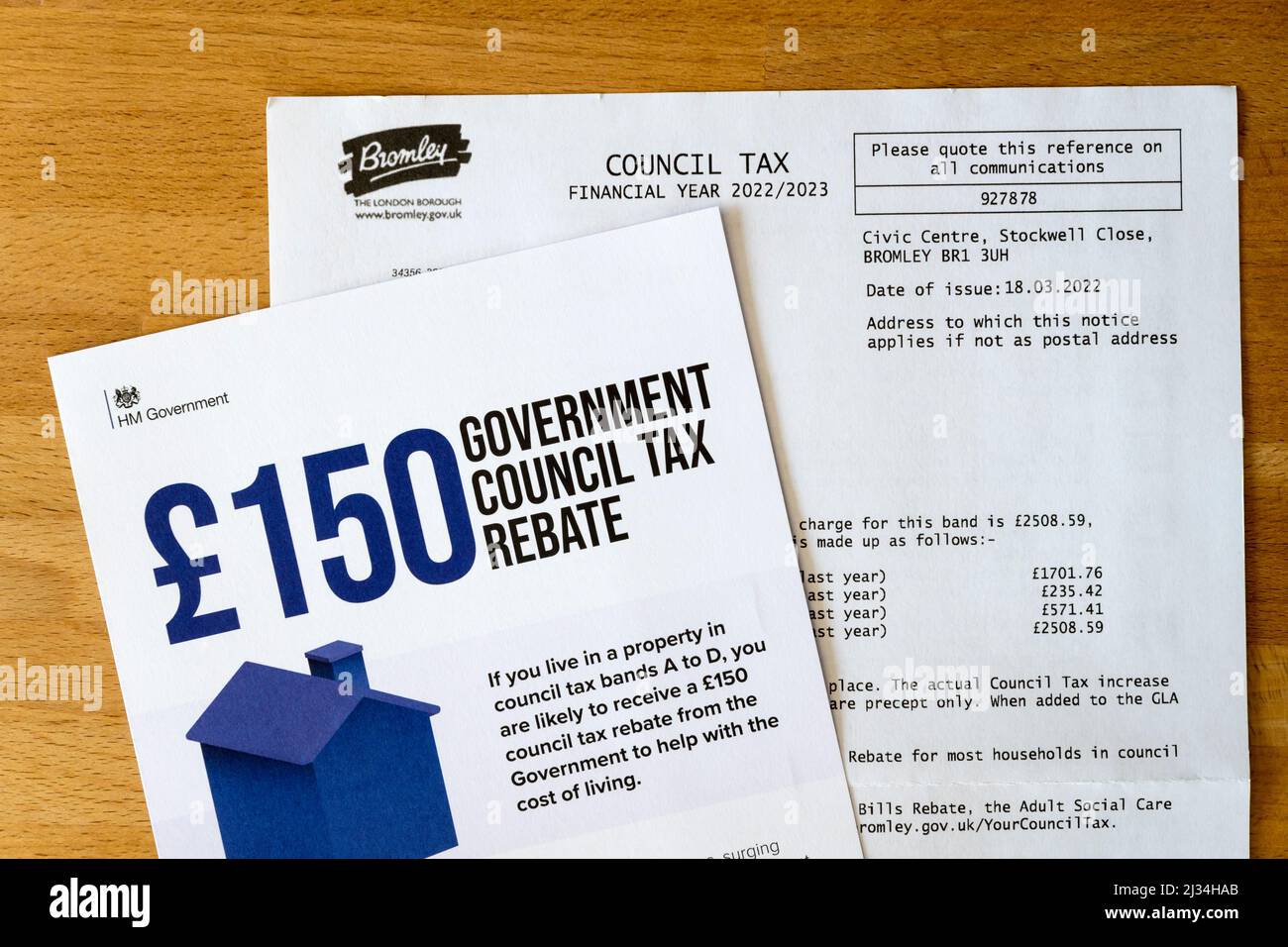 Council Tax statement together with Government brochure about a Council Tax Rebate. NB: Personal data anonymised. Stock Photo