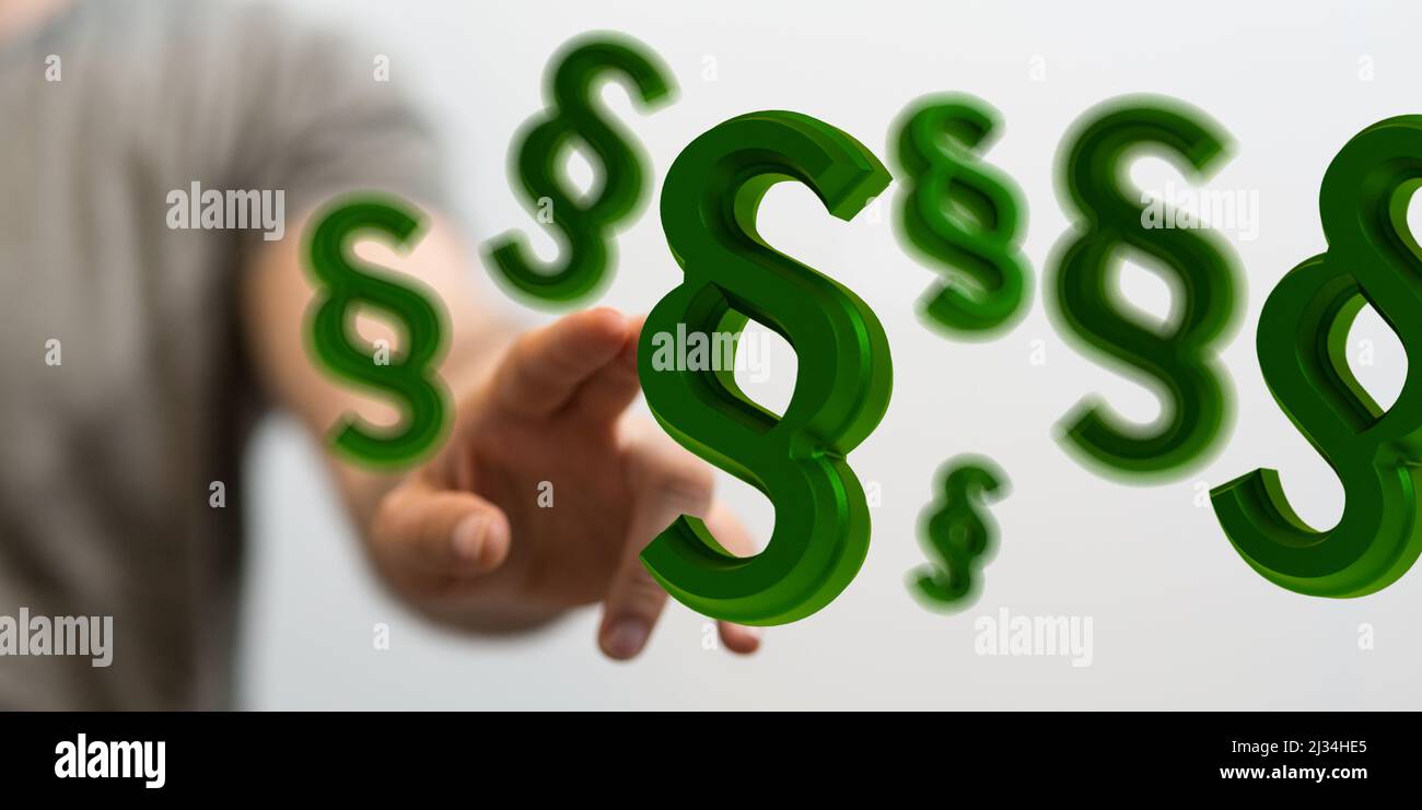 A 3D render of a hand pointing to the law and justice icons Stock Photo ...