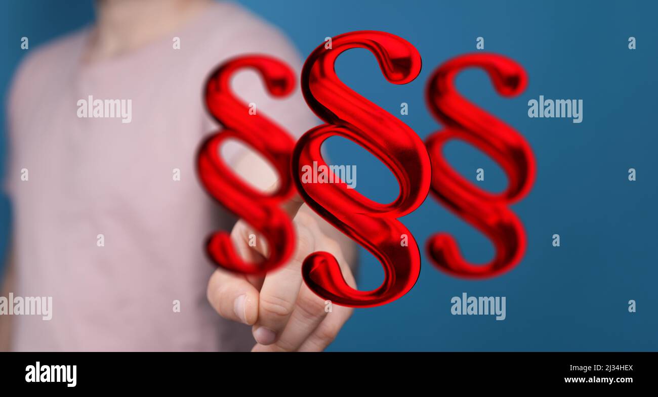 A 3D render of a hand pointing to the law and justice icons Stock Photo ...