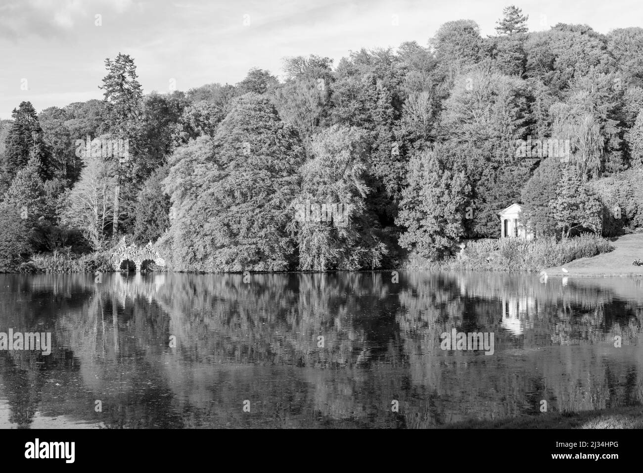 Black and white photo of the lake at Stourhead house and gardens in Wiltshire Stock Photo