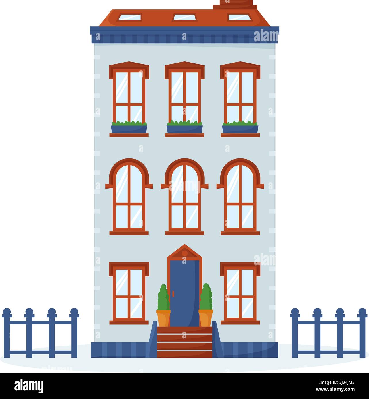 European house facade. Front view of old-fashioned brick building in French or British style. Nice neighbourhood exterior. Flat vector  Stock Vector