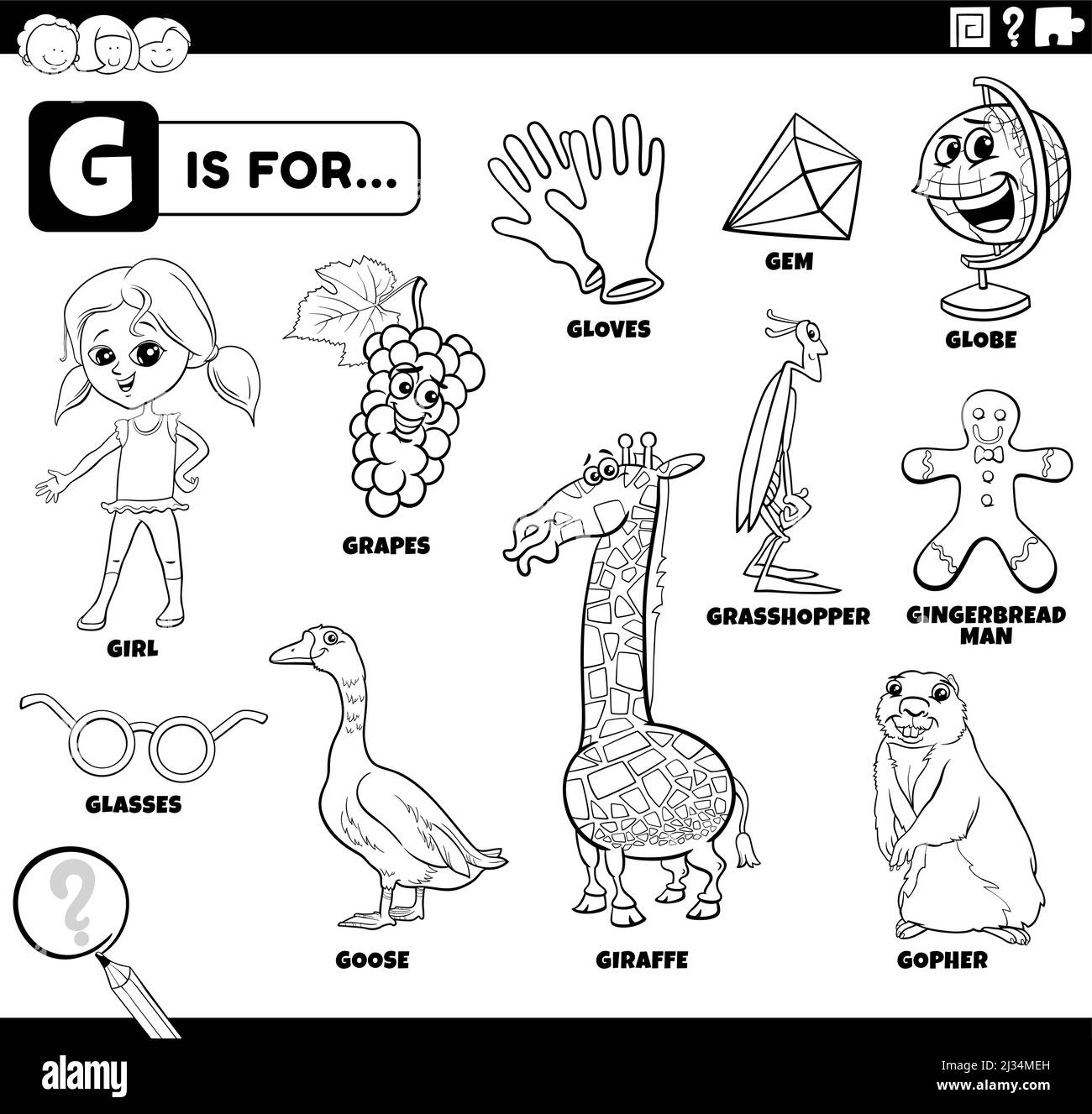 Black and white educational cartoon illustration of comic characters and objects starting with letter G set for children coloring book page Stock Vector