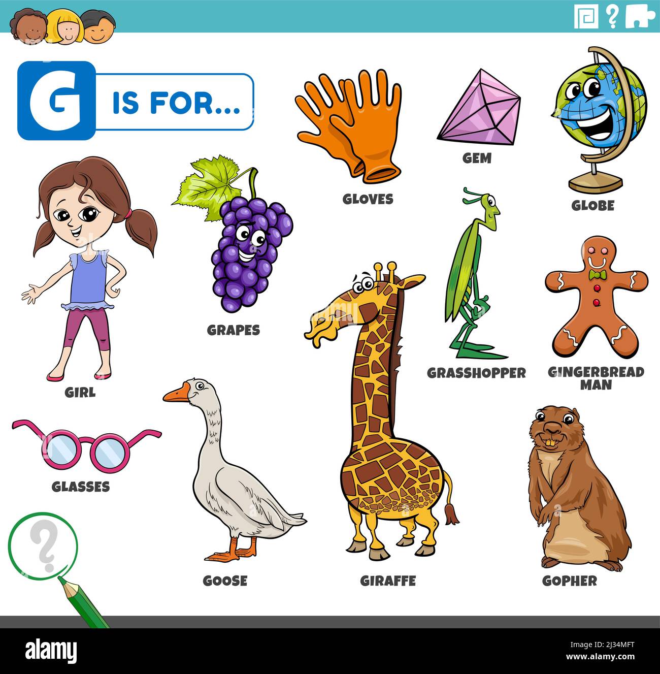https://c8.alamy.com/comp/2J34MFT/educational-cartoon-illustration-for-children-with-comic-characters-and-objects-set-for-letter-g-2J34MFT.jpg