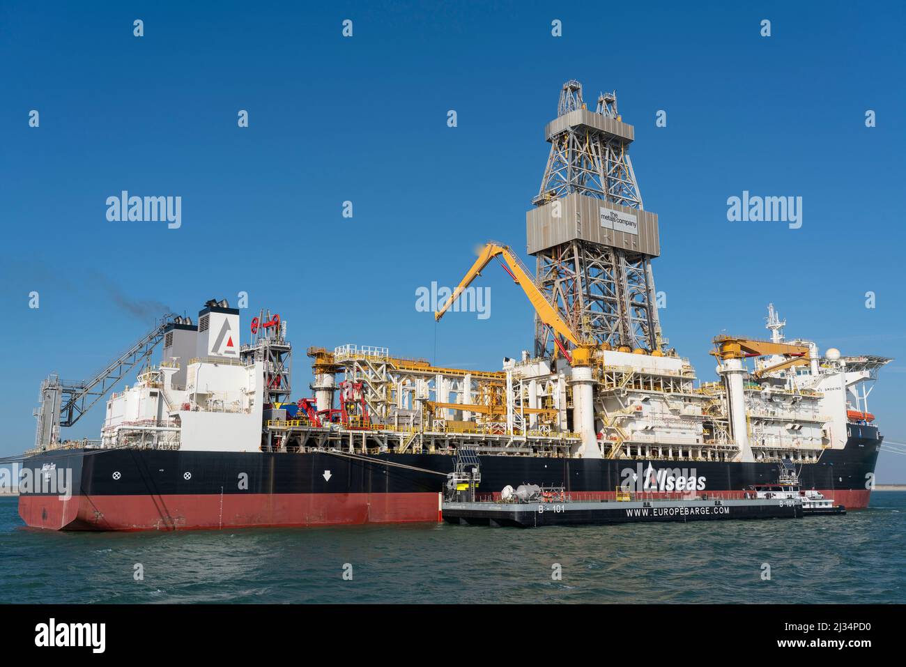 Drilling vessel Hidden Gem of The Metals Company, is being converted in the seaport of Rotterdam, Maasvlakte, it will be the first vessel to be equipp Stock Photo