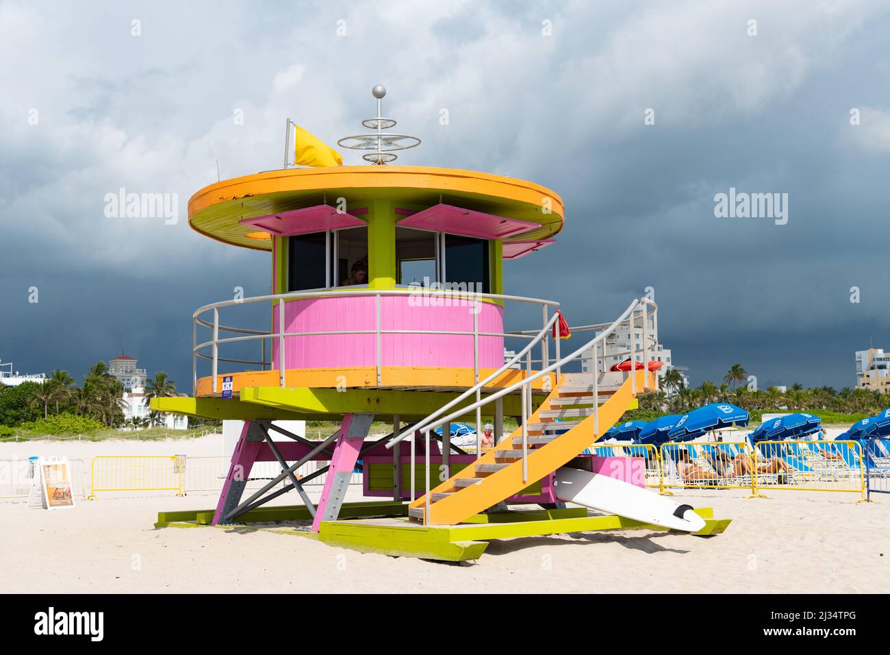 Miami, USA - March 19, 2021: miami beach lifeguard house on sand in south beach located in Florida. Stock Photo