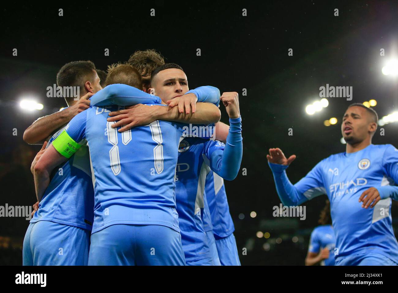 Manchester, UK. 05th Apr, 2022. Kevin De Bruyne #17 of Manchester City celebrates scoring with Phil Foden to make it 1-0 Credit: News Images /Alamy Live News Stock Photo