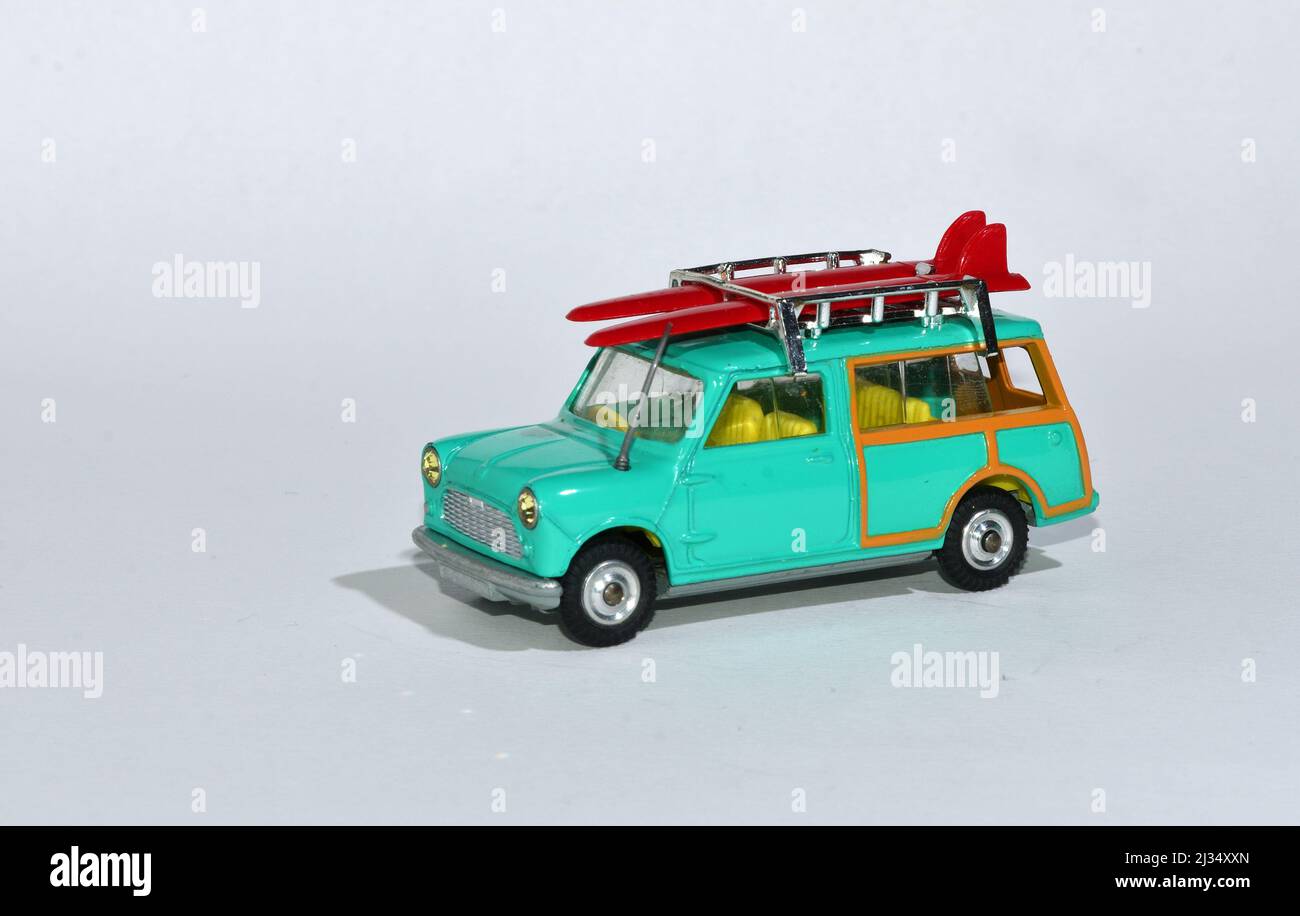 Diecast Model of Mini Clubman with Surfboards on the roof. Diecast Model of Mini Clubman with Surfboards on the roof. Stock Photo