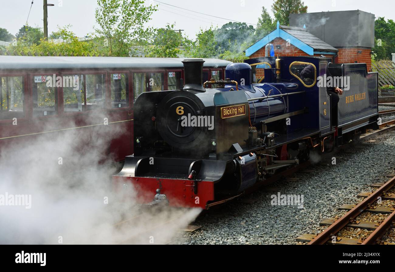 Blickling Hall Narrow Gauge Steam Train at Wroxham Station on the Bure Valley Railway Norfolk. Stock Photo