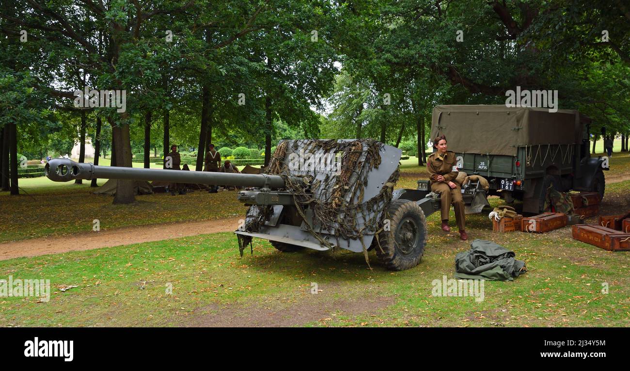 World War 2 Field gun and Truck with girl in uniform. Stock Photo