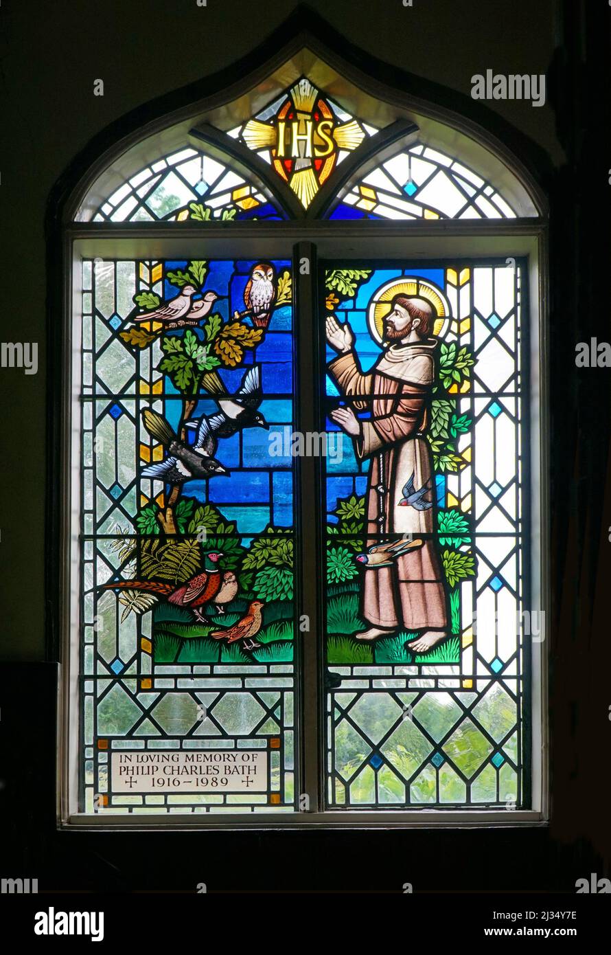 Stained glass window depicting St Frances with birds Stock Photo