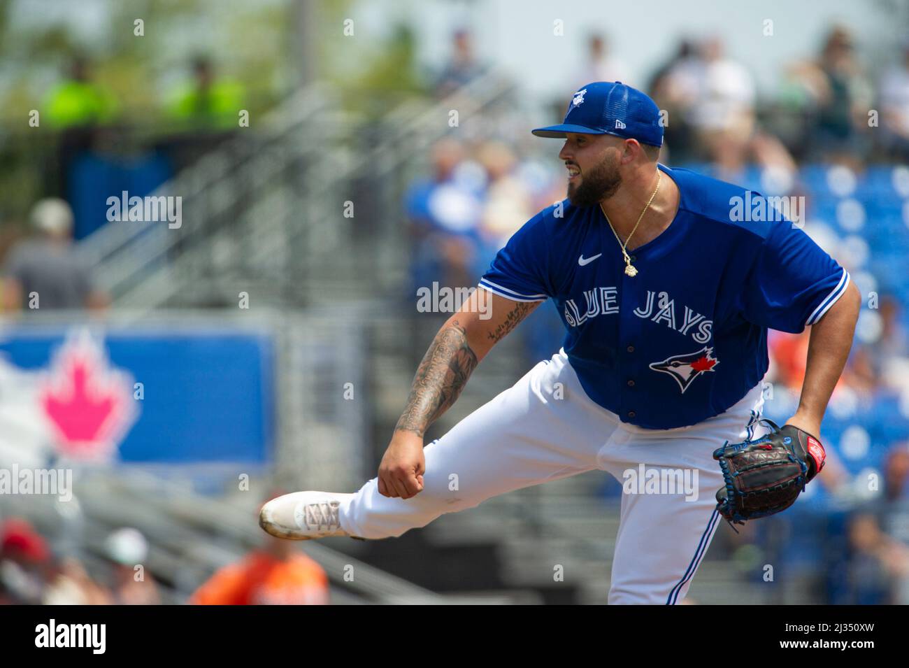 April 5, 2022, Dunedin, FL, The United States: Toronto Blue Jays pitcher Alek  Manoah delivers during a spring training game against the Baltimore Orioles  at TD Ballpark on Tuesday, April 5, 2022