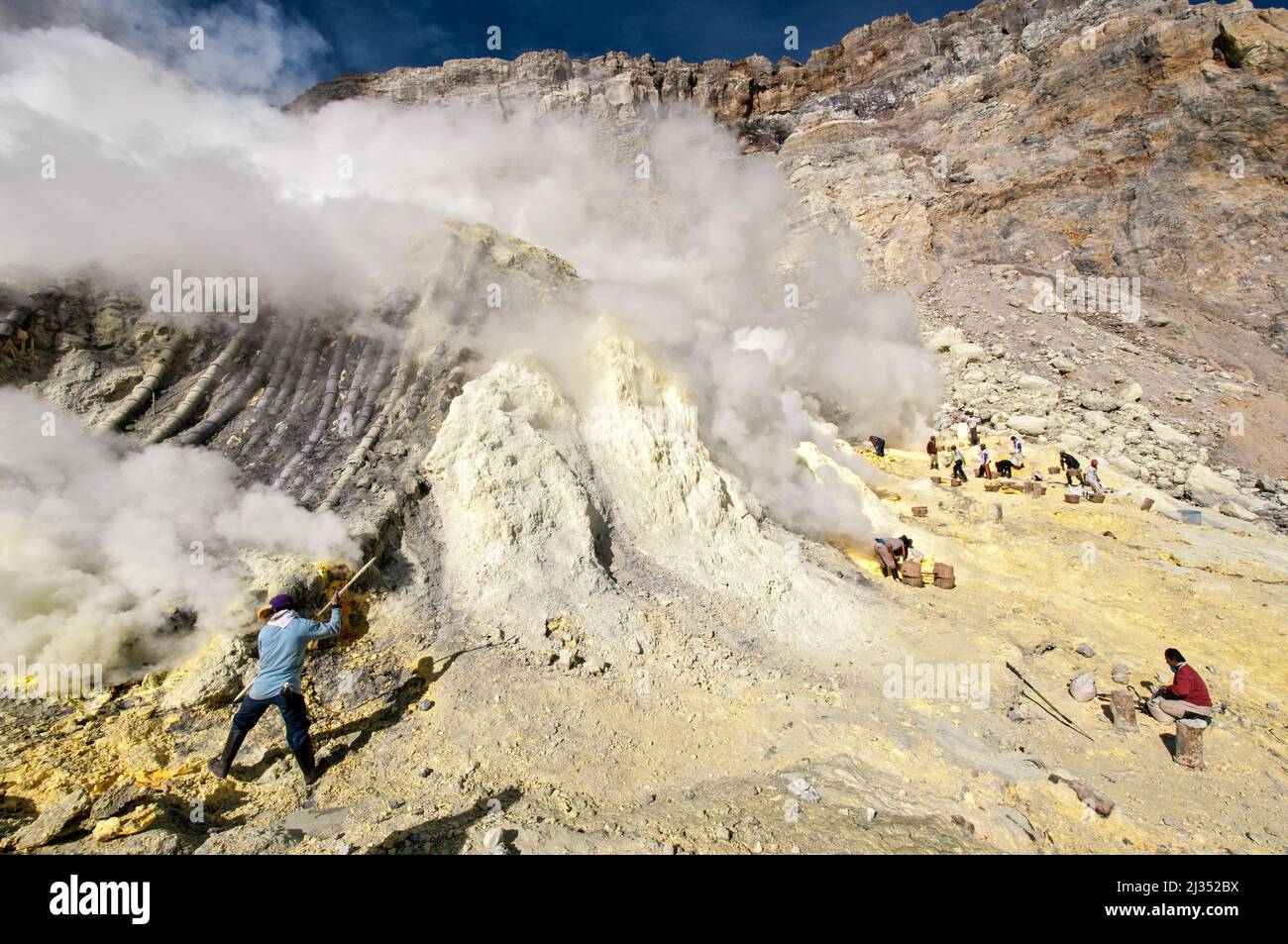 Open-pit sulfur mine of the Ijen volcano, Java Island, Indonesia Stock Photo