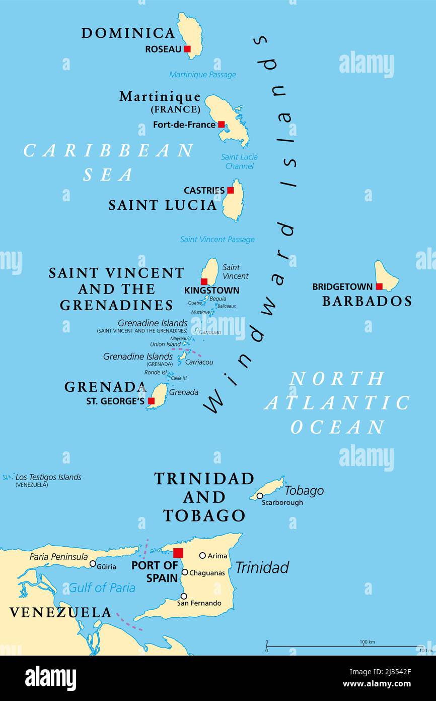 Windward Islands political map. Islands of the Lesser Antilles, south of the Leeward Islands in the Caribbean Sea. From Dominica to Grenada. Stock Photo