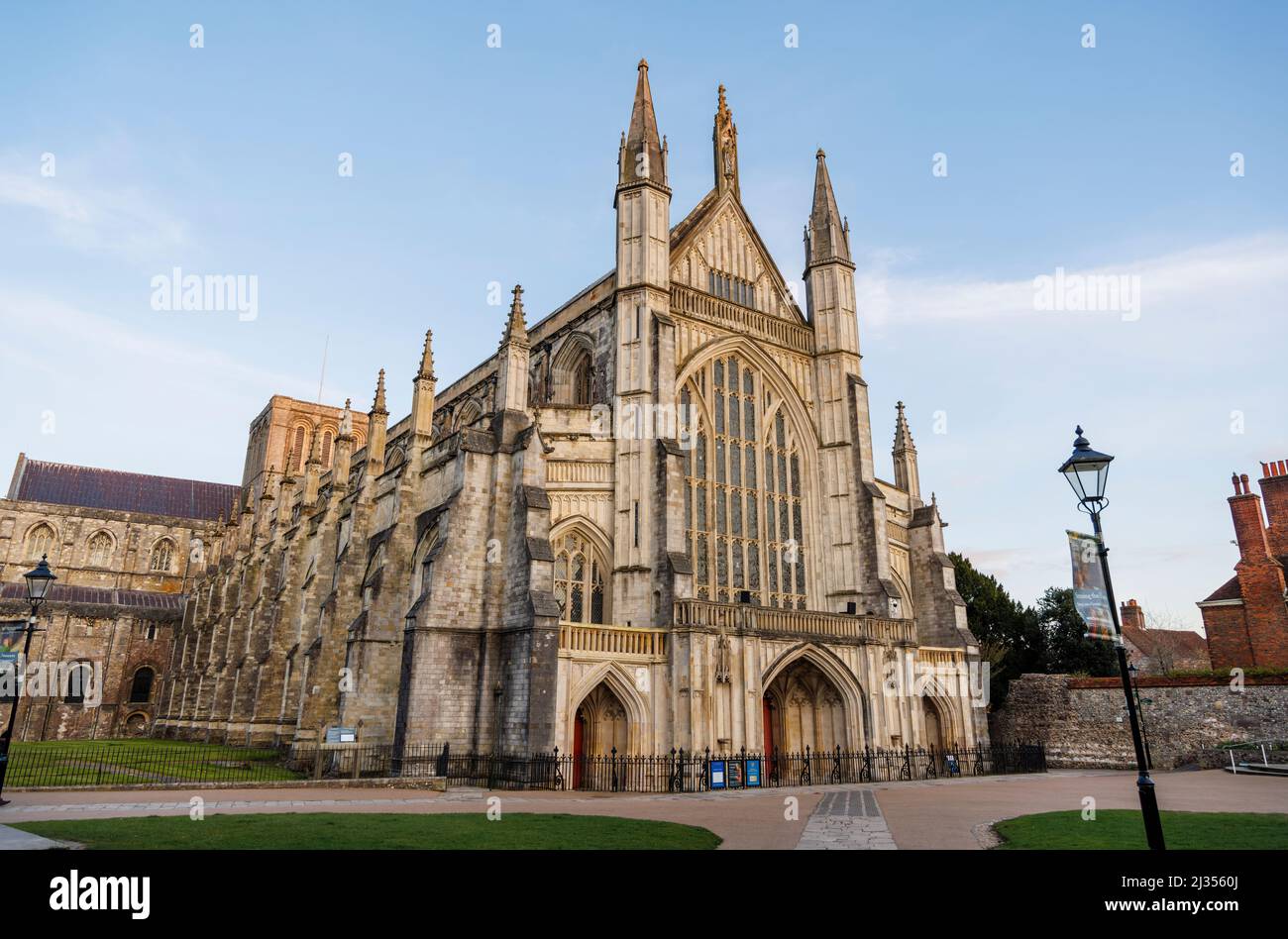 West front of Winchester Cathedral in late afternoon light, Winchester, Hampshire, southern England Stock Photo