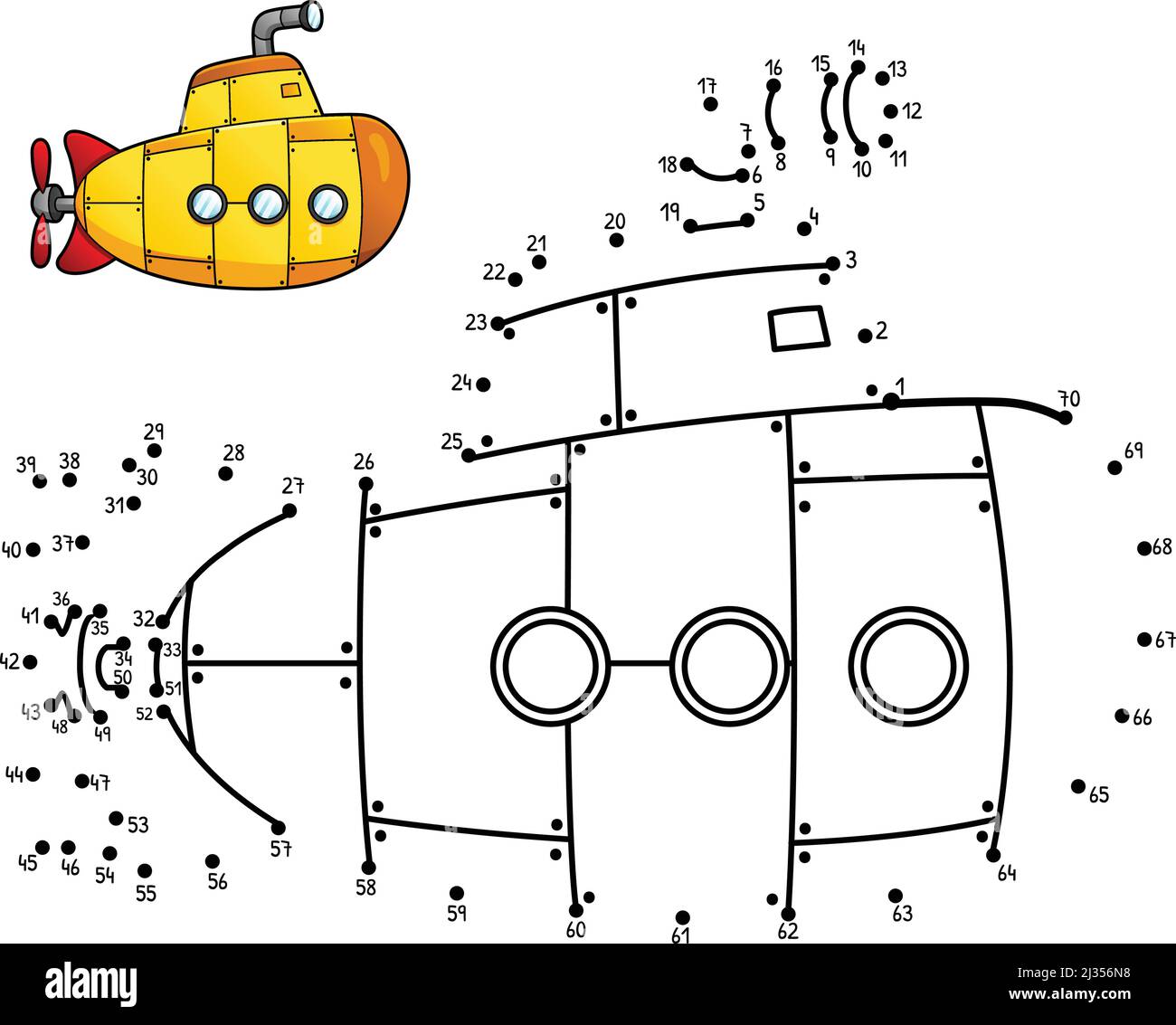 Dot to Dot Submarine Isolated Coloring Page Stock Vector