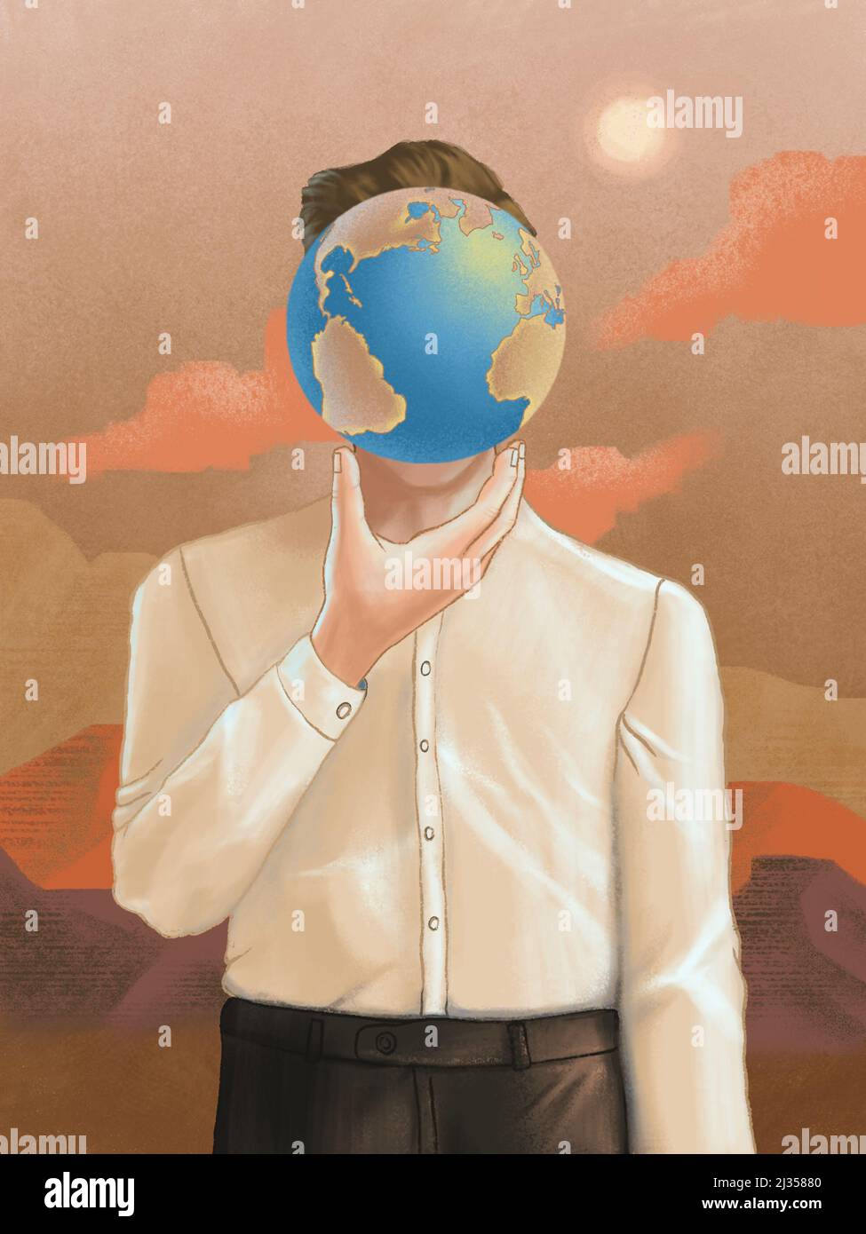 Man holding an Earth globe in forn of his head. Digital illustration. Stock Photo