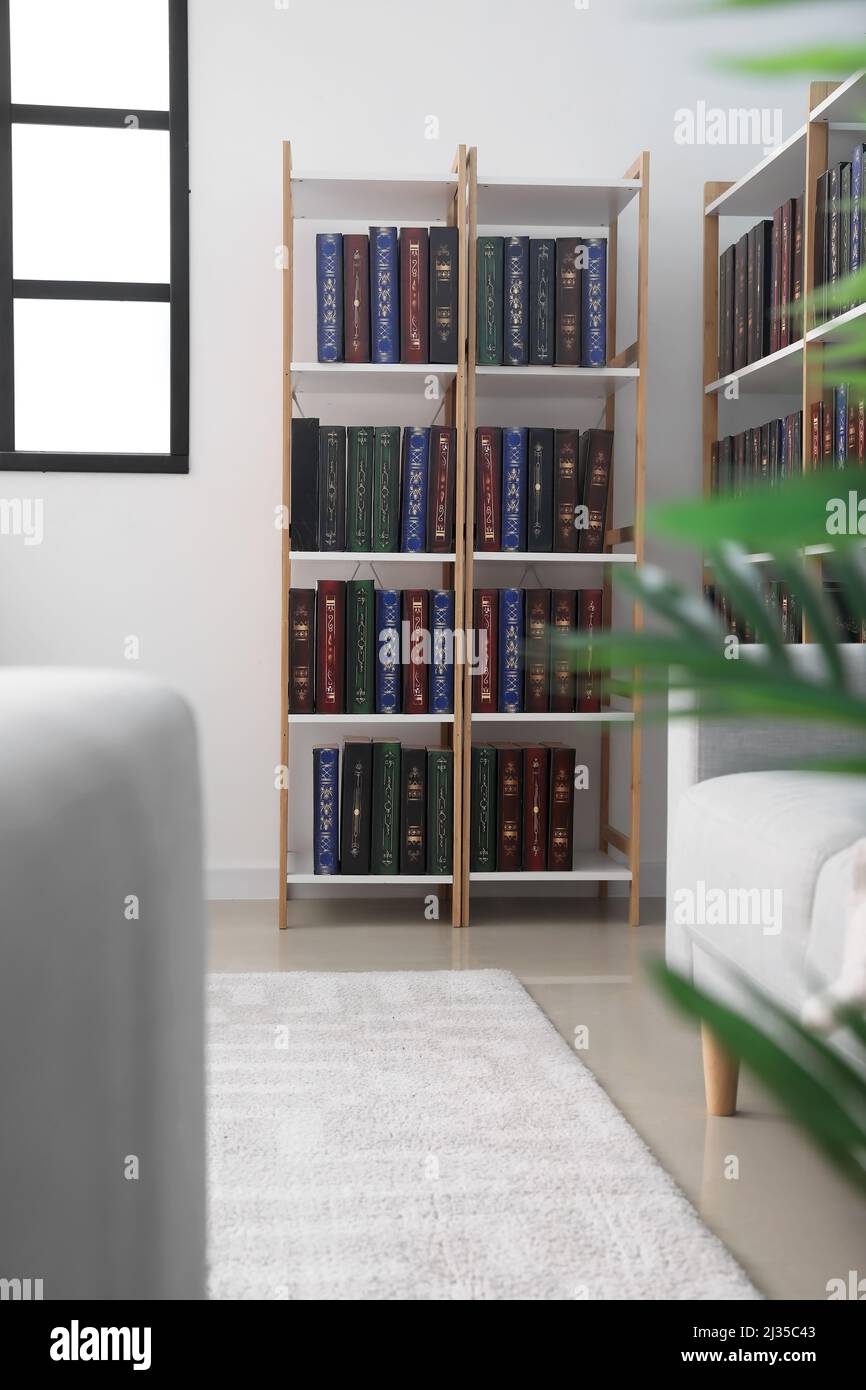 Modern shelf unit with books in home library Stock Photo