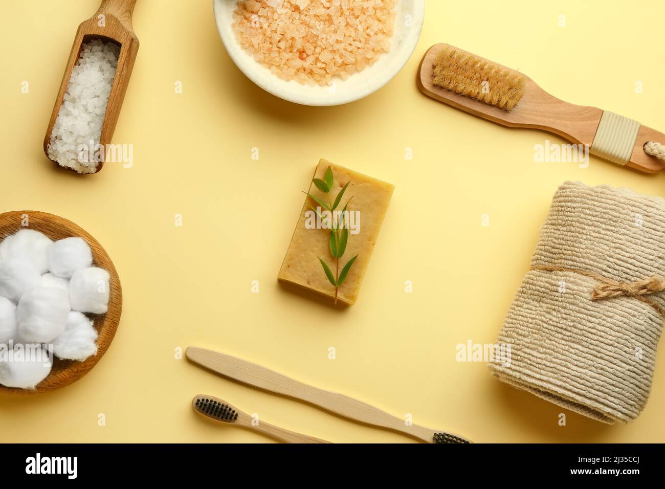 Set of bath supplies with soap bar on color background Stock Photo Alamy