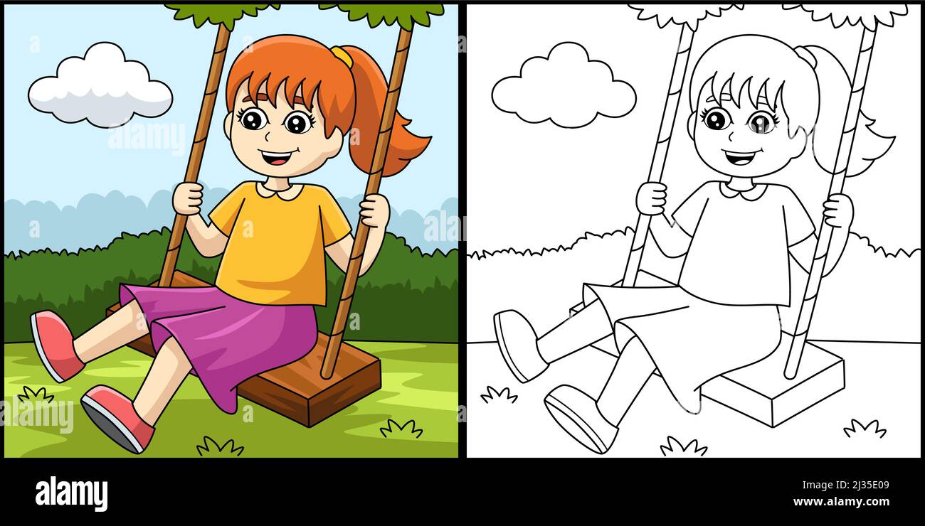 Girl On A Swing Coloring Page Illustration Stock Vector