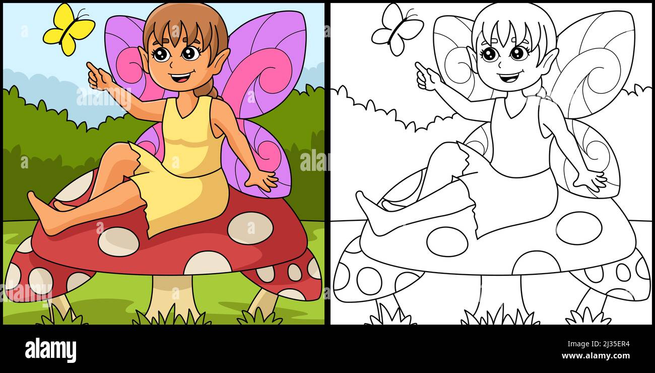 Fairy Sitting On A Mushroom Coloring Illustration Stock Vector Image ...