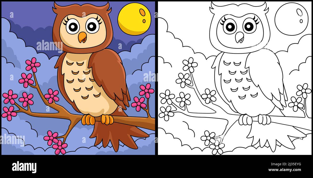 Owl On A Tree Branch Coloring Page Illustration Stock Vector Image ...