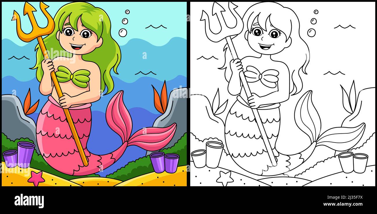 Mermaid Holding Trident Coloring Page Illustration Stock Vector Image ...