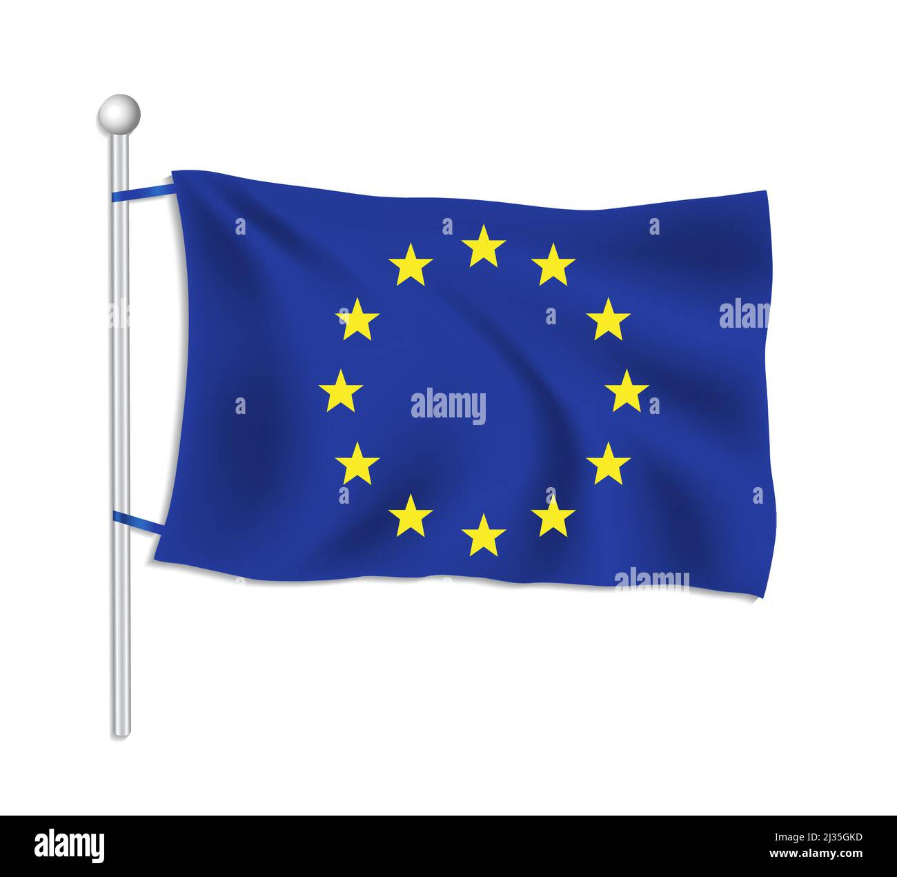 European union flag waves on a flagpole, white background raster Stock Photo