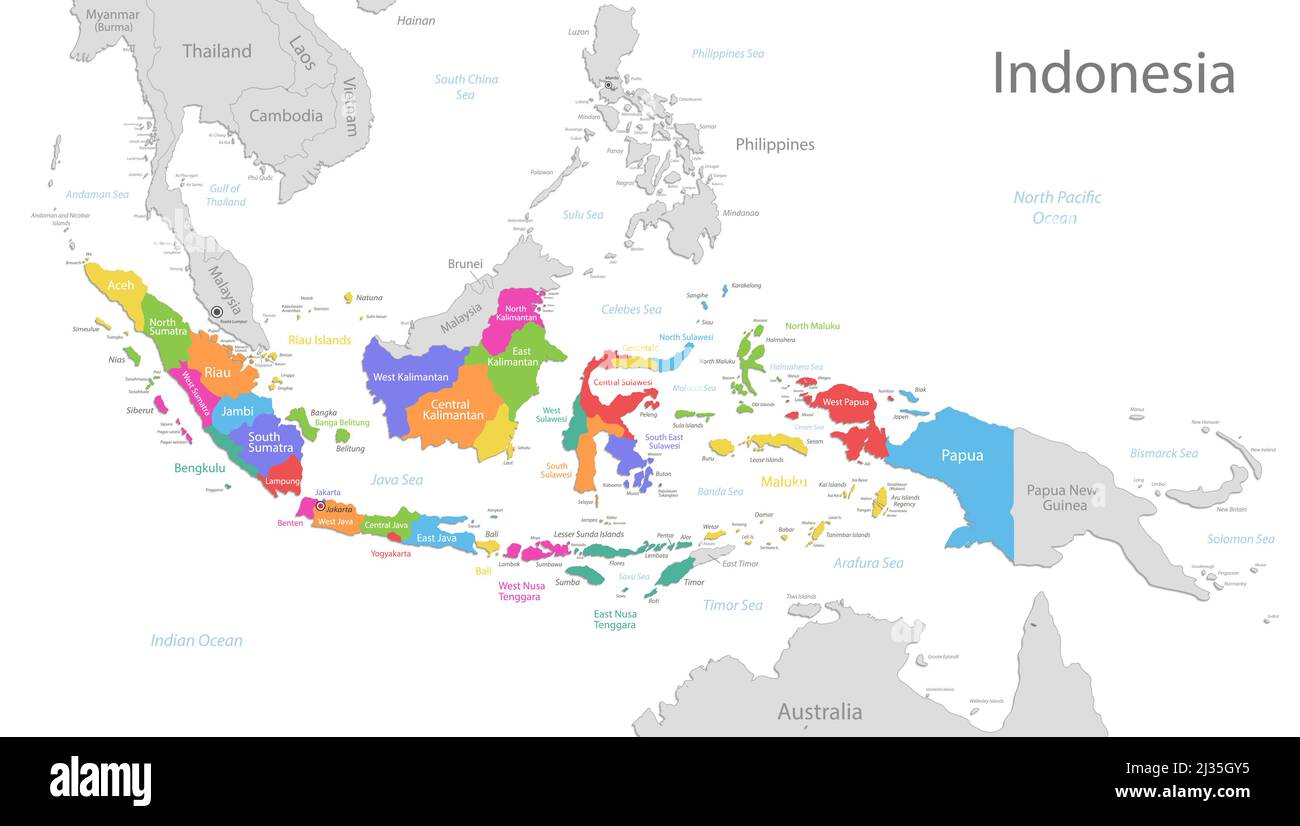 Indonesia map, administrative division with names regions, colors map isolated on white background vector Stock Vector