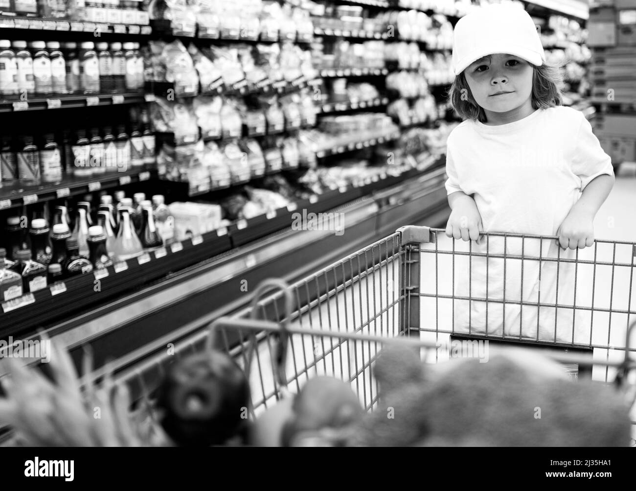 Cute boy child with shopping trolley with products. Funny child with shopping trolley with in grocery store. Stock Photo
