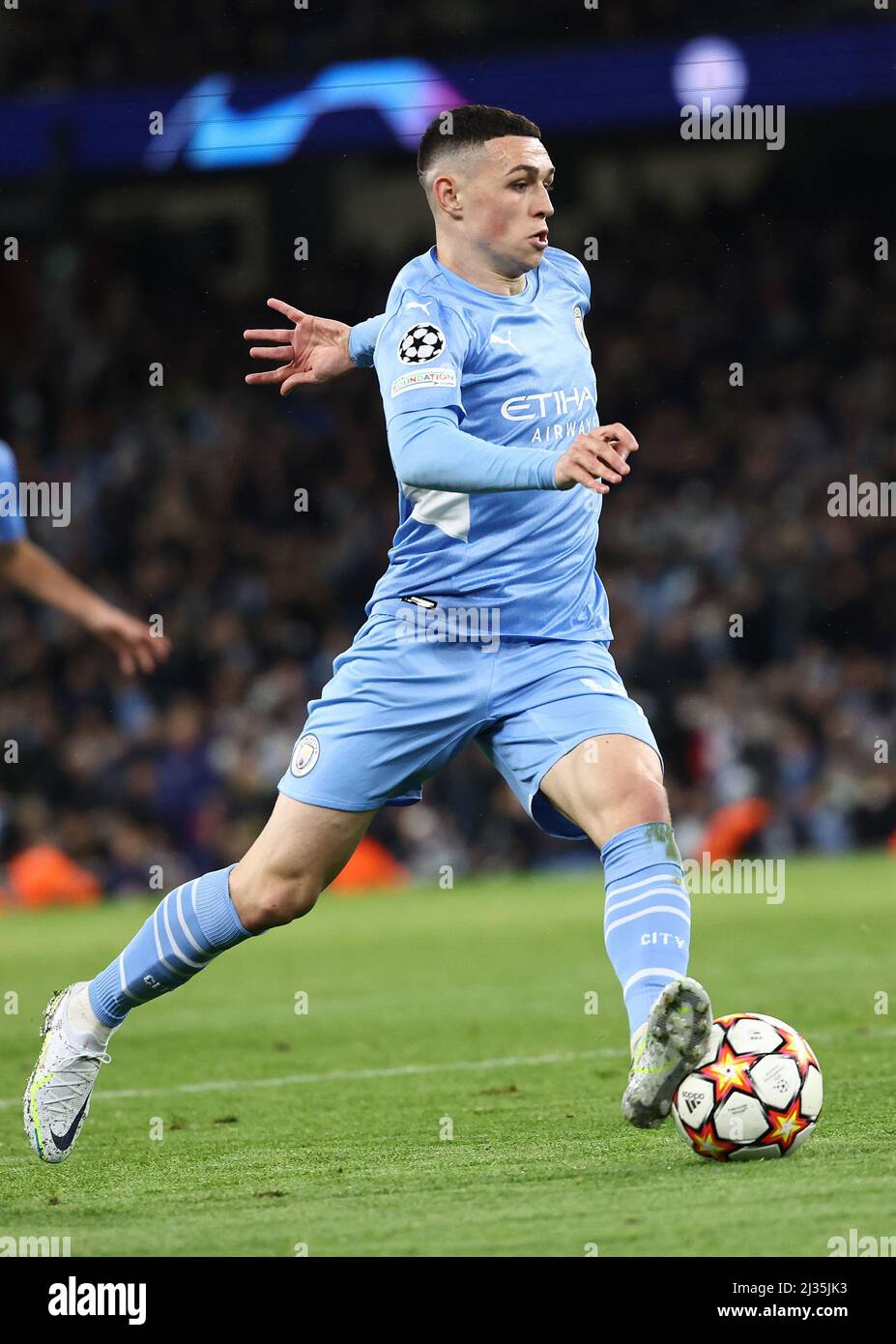 Manchester, England, 5th April 2022.   Phil Foden of Manchester City during the UEFA Champions League match at the Etihad Stadium, Manchester. Picture credit should read: Darren Staples / Sportimage Stock Photo