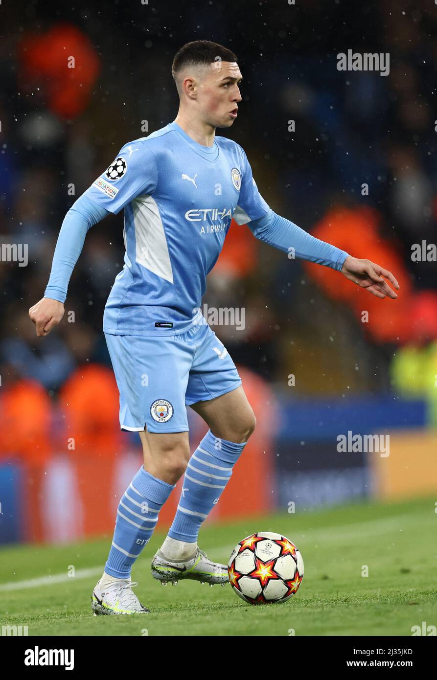 Manchester, England, 5th April 2022.   Phil Foden of Manchester City during the UEFA Champions League match at the Etihad Stadium, Manchester. Picture credit should read: Darren Staples / Sportimage Stock Photo