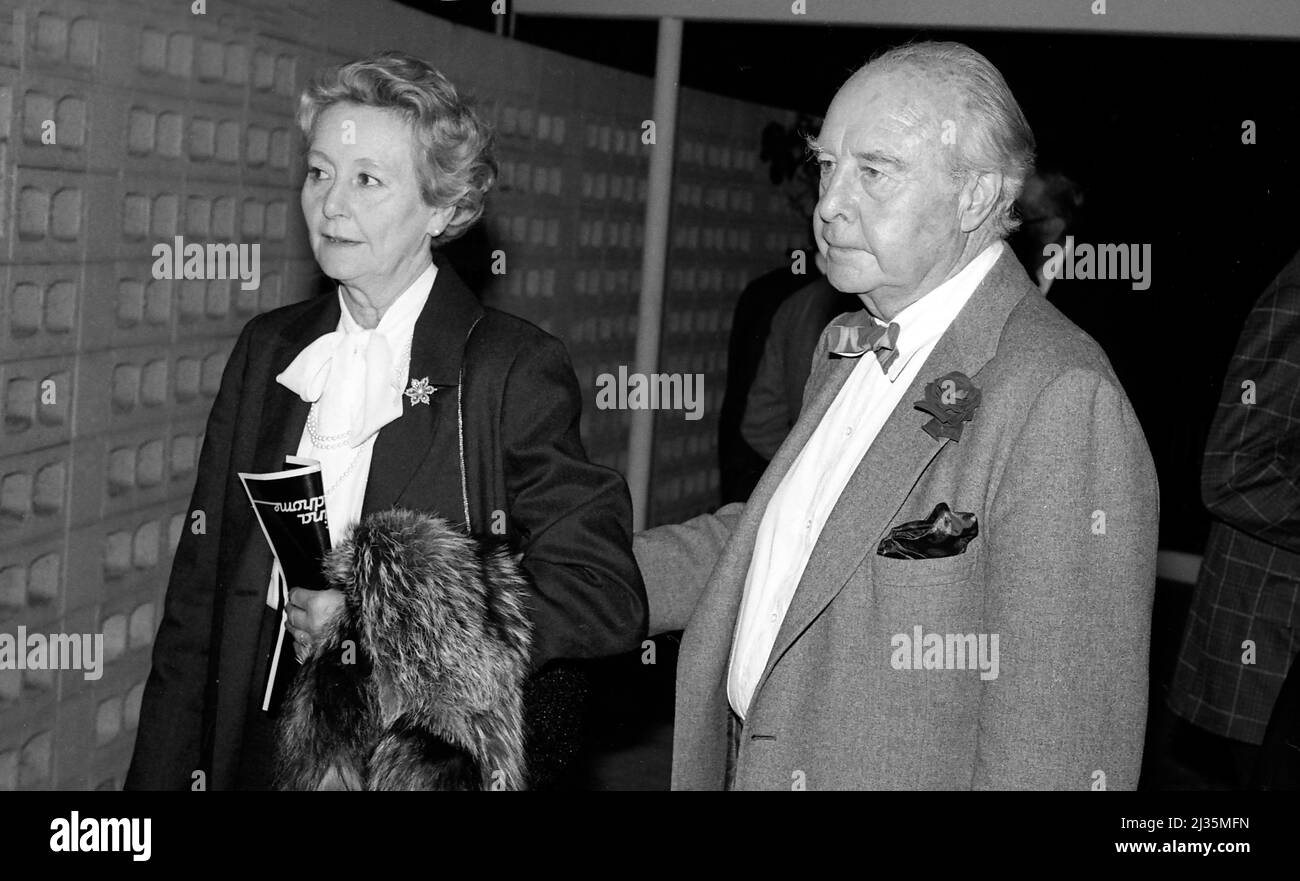 John Houseman attending the premiere of the film The China Syndrome at the Cinerama Dome Theater with his wife in Hollywood, CA. Stock Photo