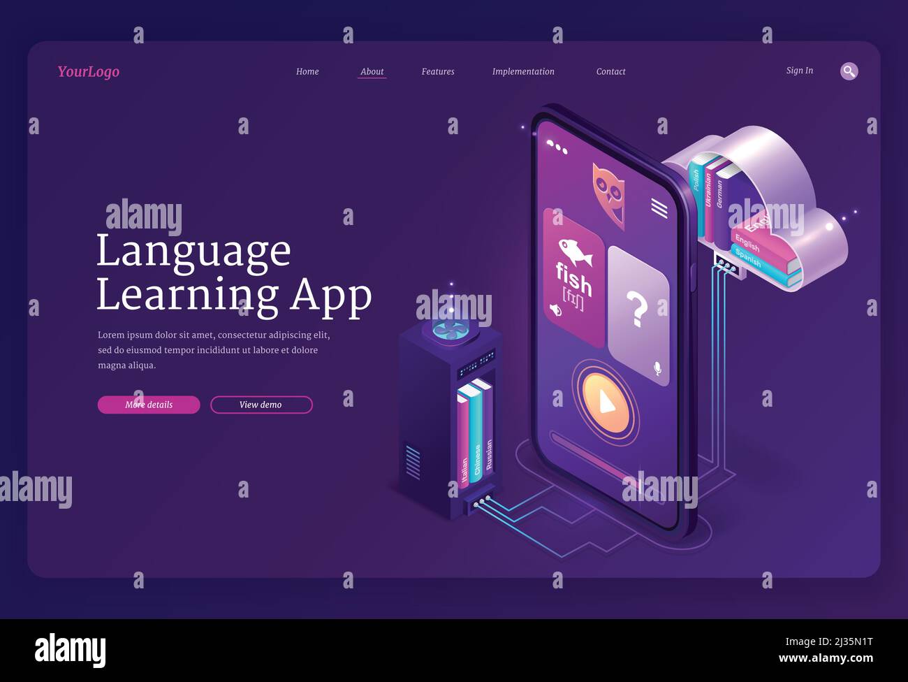 Language learning app banner. Mobile online education service, digital