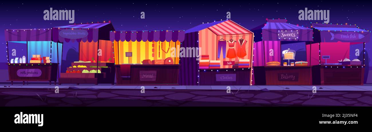 Night fair, outdoor market stalls, booths and kiosks with striped awning, clothes or food products. Wood illuminated vendor counters for street tradin Stock Vector
