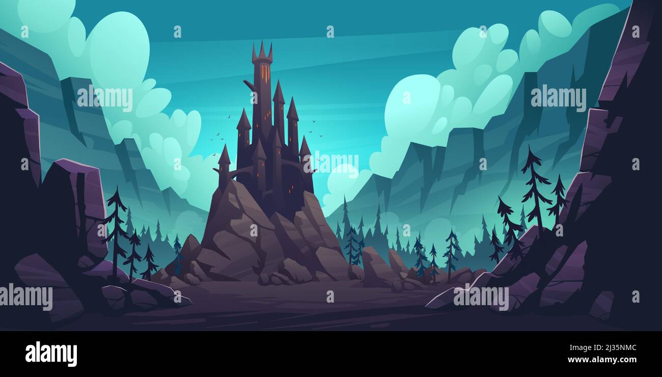 Creepy castle on rock at night, haunted gothic palace in mountains