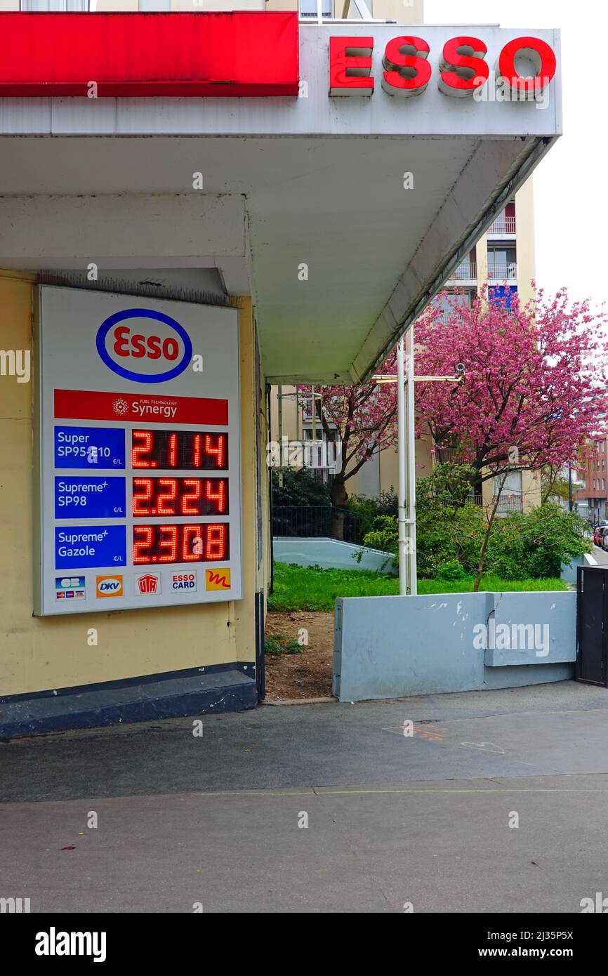 PARIS, FRANCE –30 MAR 2022- View of an Esso gas station in Paris. The price of fuel has climbed with the war in Ukraine. Stock Photo