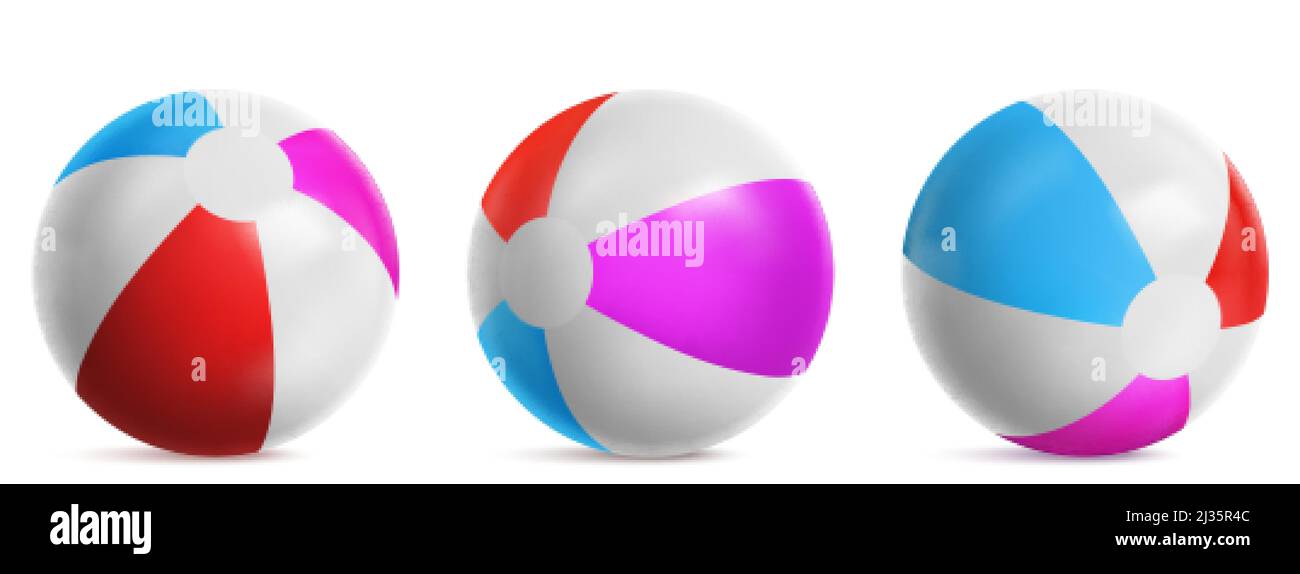 Inflatable beach ball, striped air balloon for play in water, sea or swim pool. Vector realistic set of bright rubber beachball with blue, red and pin Stock Vector