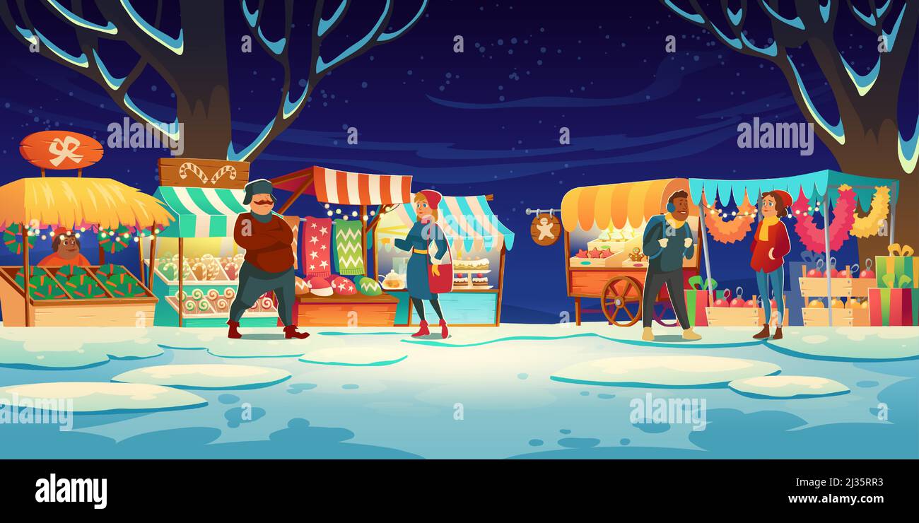 People on Christmas fair with market stalls with candies, santa hats, cakes and gingerbreads. Vector cartoon winter landscape with traditional holiday Stock Vector