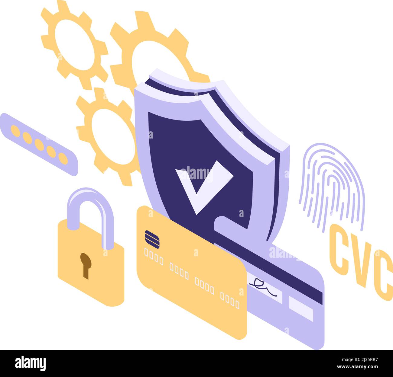 Shield lock and credit card isometric icon isolated vector illustration, protection and safety online payment symbol Stock Vector