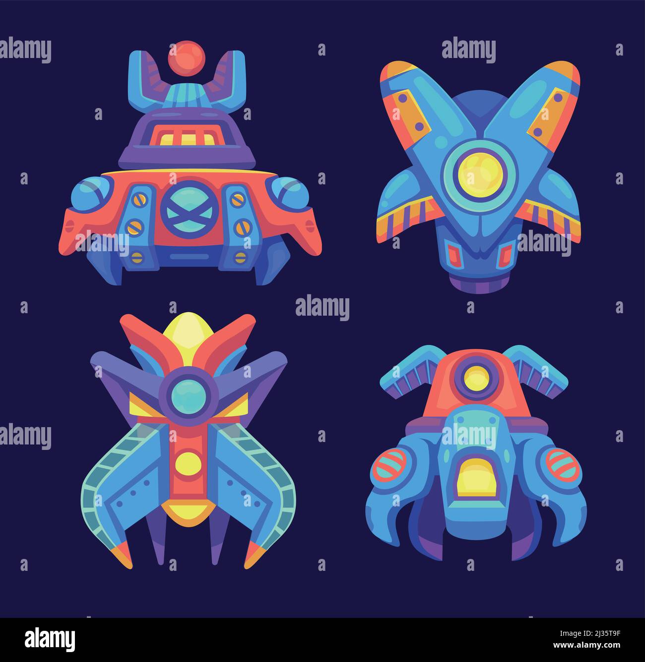 Alien space ships, ufo rockets, fantasy bizarre shuttles, computer game graphic design elements, cosmic collection of funny spaceships isolated on blu Stock Vector