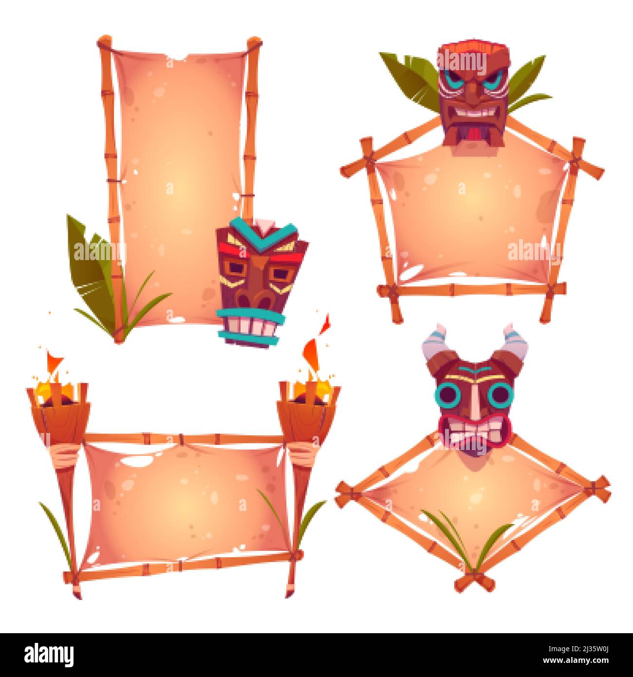 Bamboo frames with tiki masks, old parchment and burning torches, tribal wooden totems, hawaiian or polynesian style borders for hut bar signboard, Ca Stock Vector