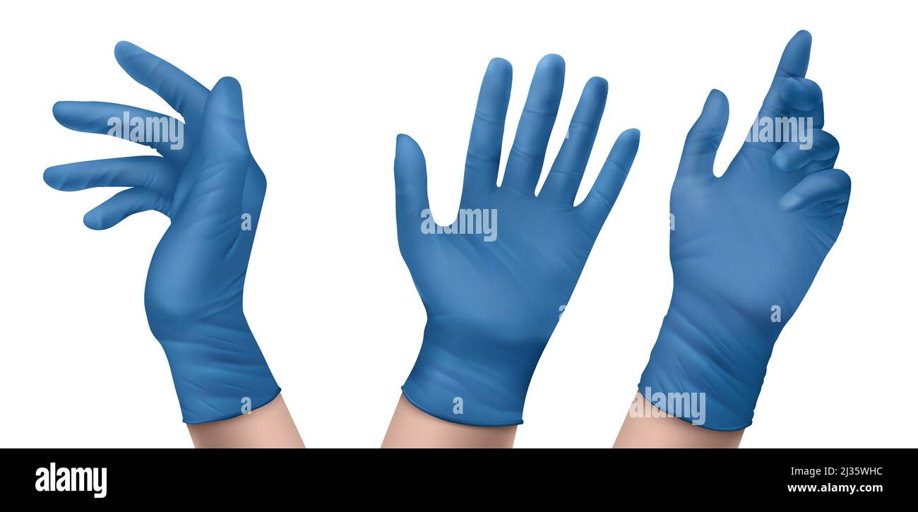 Blue nitrile medical gloves on hands. Vector realistic set of latex or