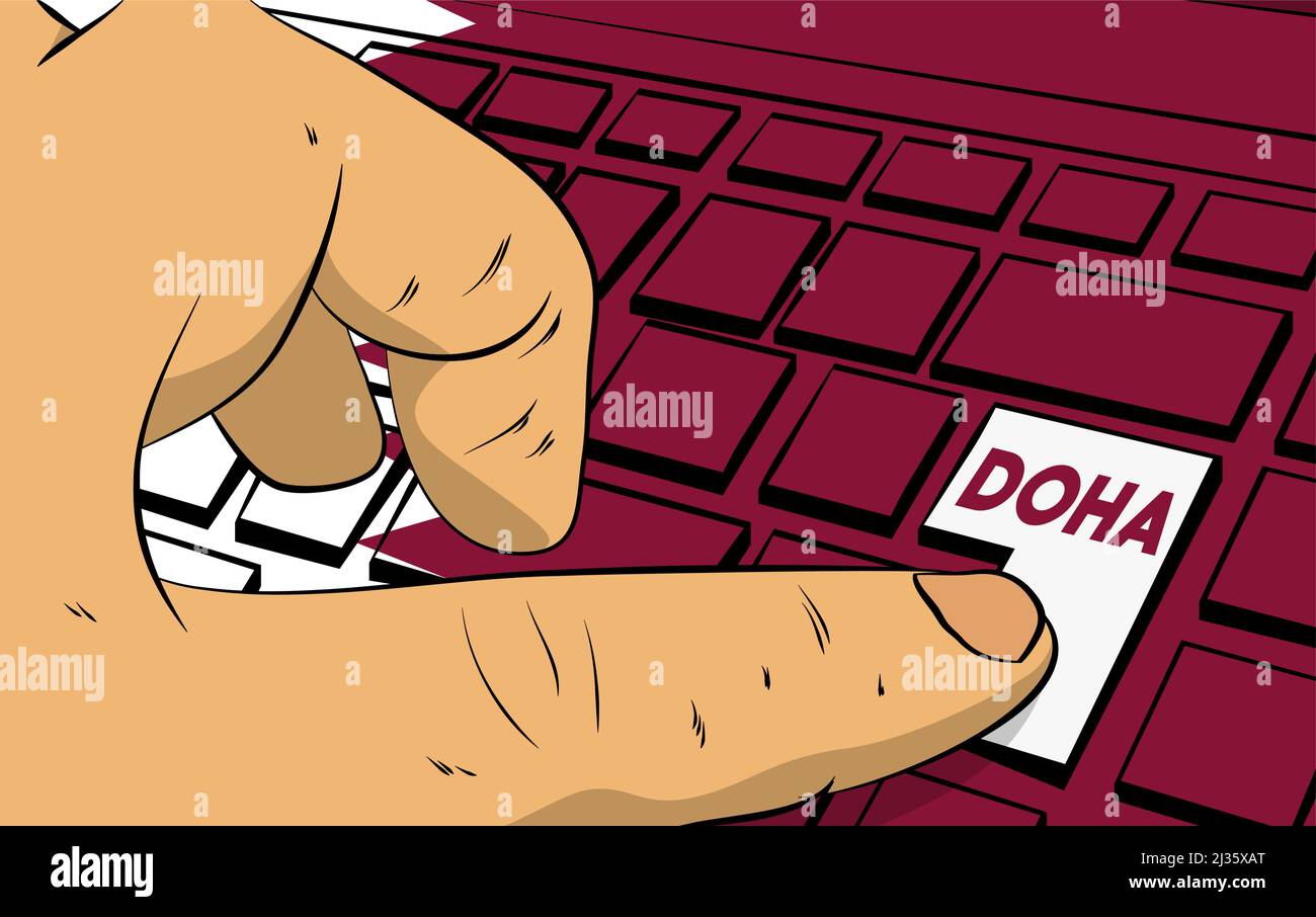 Doha, Capiatl City of Qatar, word on computer keyboard. Man push keypad ...