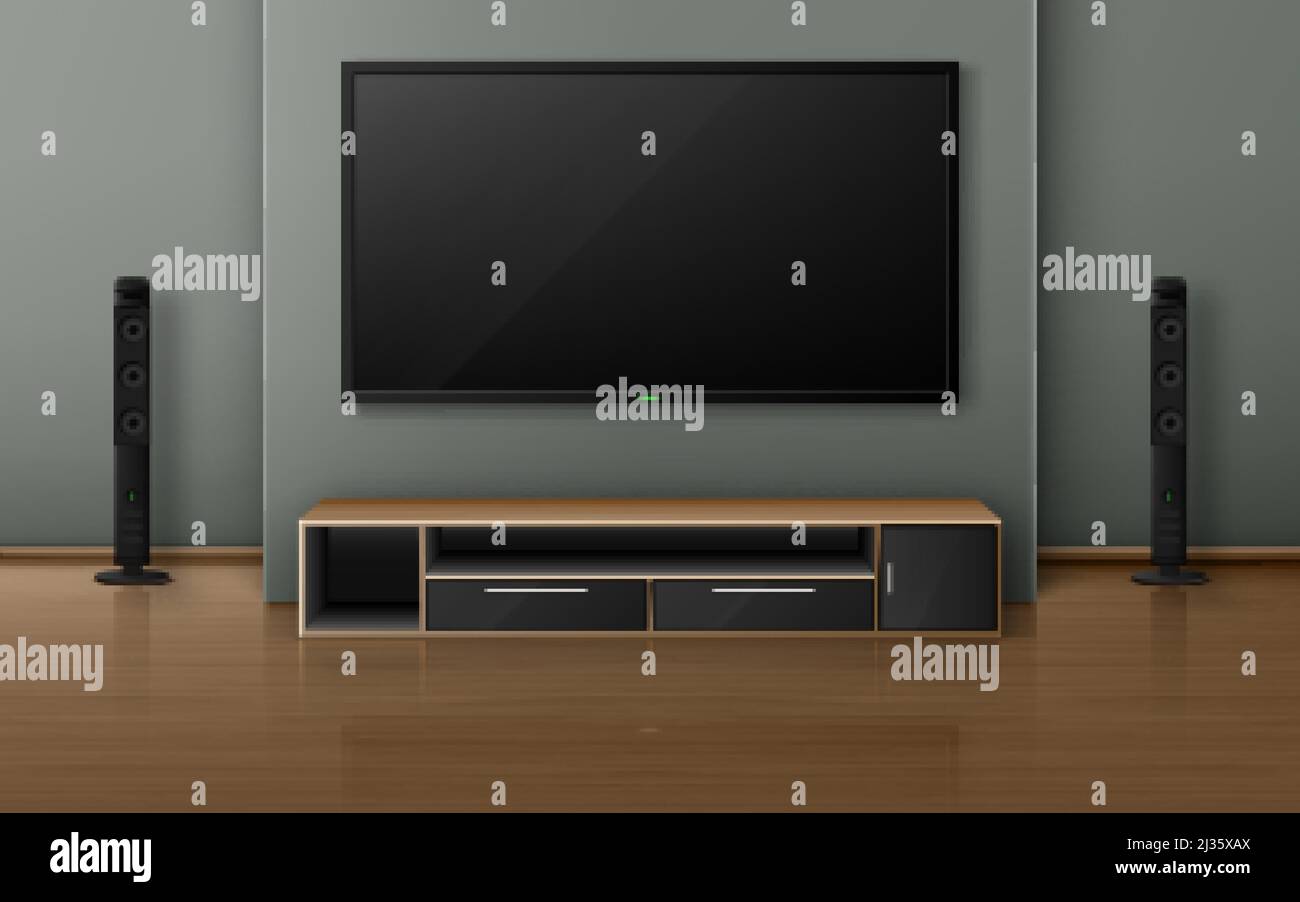Home theater with tv screen and speakers in modern living room. Vector realistic interior with plasma television hanging on wall, sound stereo system Stock Vector