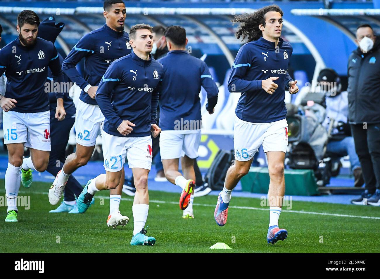 Valentin RONGIER of Marseille and Matteo GUENDOUZI of Marseille during the  French championship Ligue 1 football match between ESTAC Troyes and  Olympique de Marseille on February 27, 2022 at Stade de l'Aube